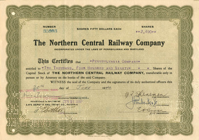 Northern Central Railway Co. - Stock Certificate